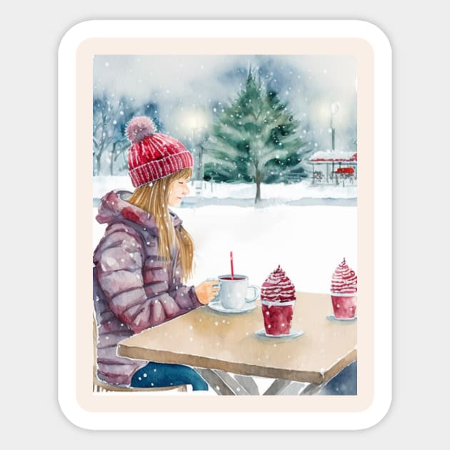 Woman Drinking Coffee in an open-air Cafe, Snowing Christmas Outdoors Sticker by fistikci